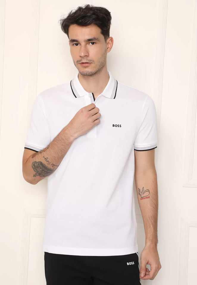 Camisa Polo BOSS Reta Frisos Branca 2023